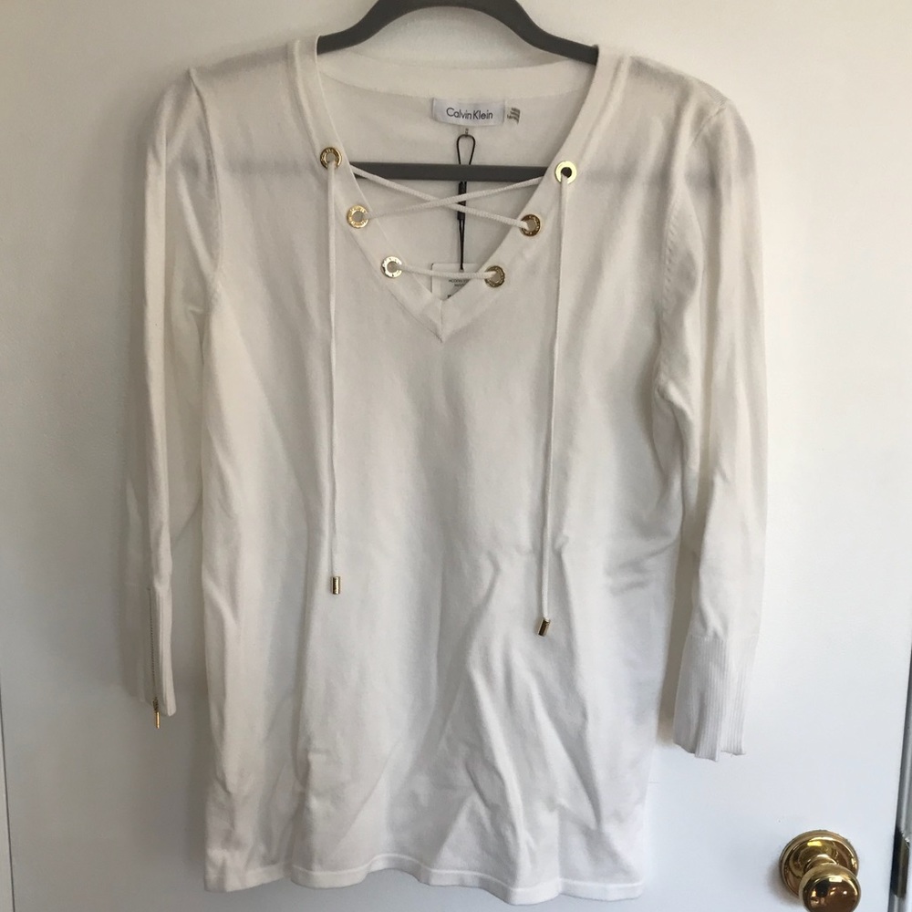 Calvin Klein 3/4 sleeve tie front sweater